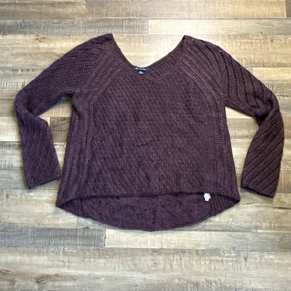 American Eagle V-Neck Open Knit Pullover Sweater Sz L Burgundy High Low